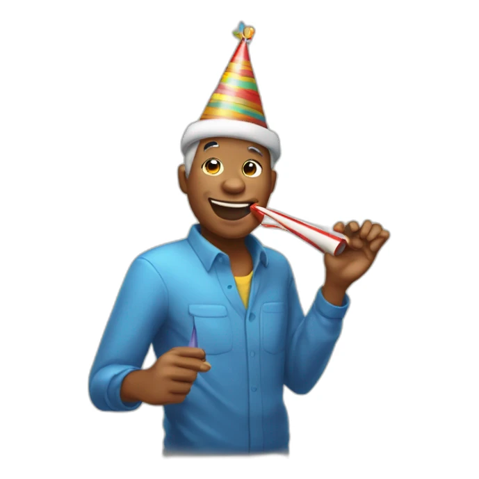 Create an emoji featuring a person joyfully wearing a birthday hat and enthusiastically blowing a birthday whistle, capturing the festive spirit of celebration sticker