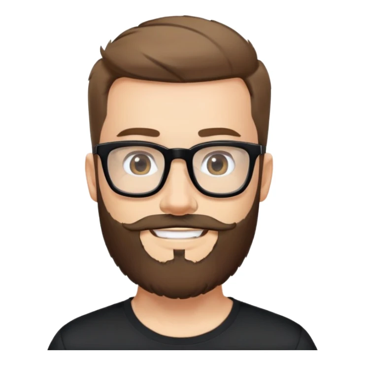 Fair-skinned man with full beard, short hair styled upward, large black-framed glasses, smiling, wearing black athletic fabric shirt sticker