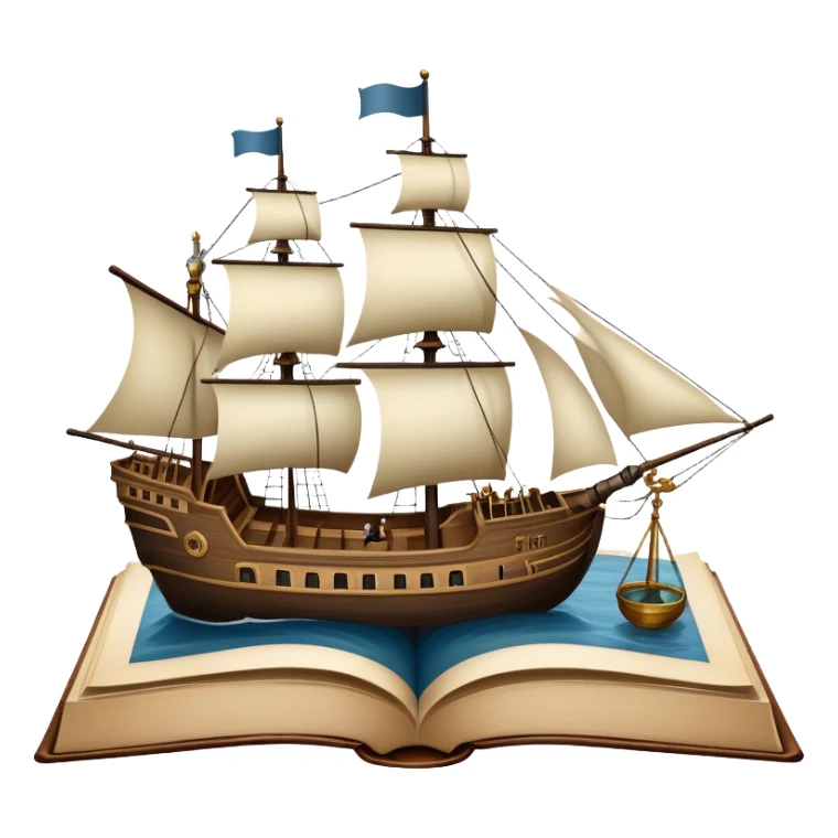 Icon for Reading Fiction: a large open book with pages turning into a sailing ship, with musketeers on horseback, and Sherlock Holmes with a magnifying glass standing nearby. The icon should evoke the adventure and romance of exploring fictional worlds. Transparent background. sticker
