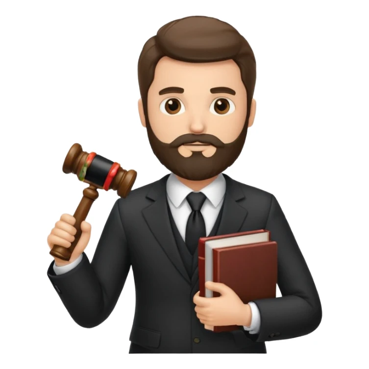 Create a male lawyer. he is wearing a fromal suit jckeret. He is holding a gavel in one hand and a book tucked under his another arm. He has beard. And the hair is kinda darker but not black sticker