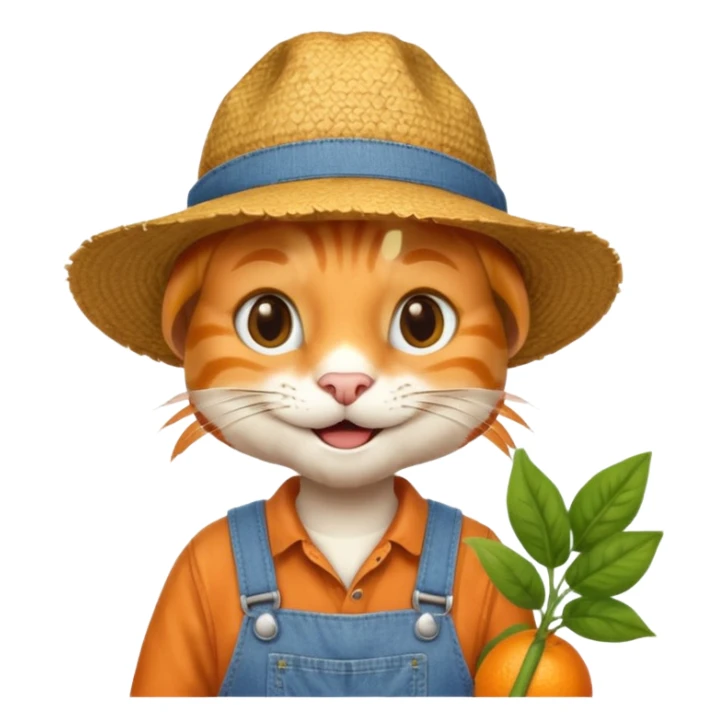 farmer cat gardener in denim overalls with a straw hat sticker