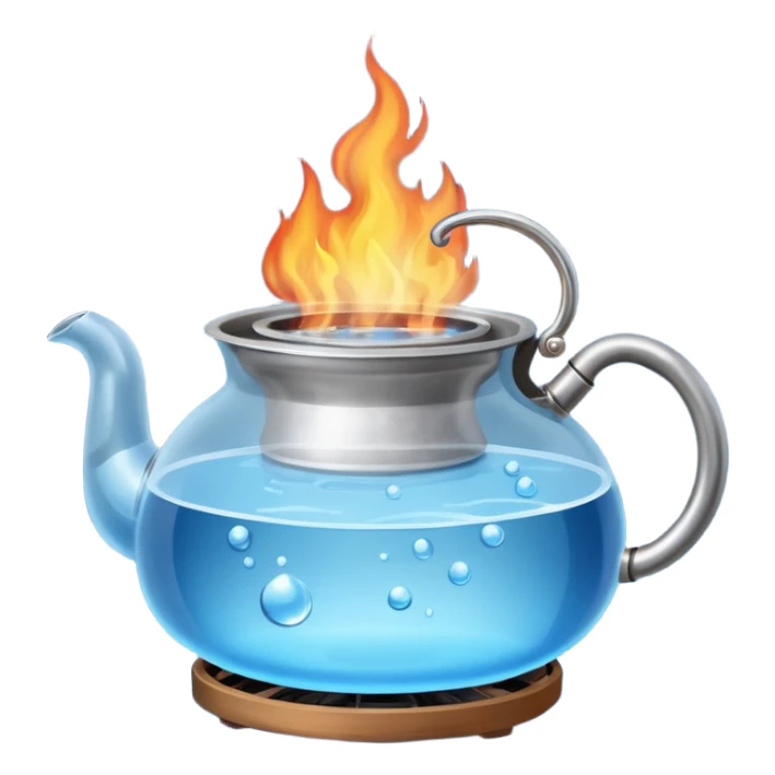 a small pot or kettle filled with water placed on fire, the water is boiling intensely with visible steam and bubbles rising, bright lighting, clean white background



 sticker