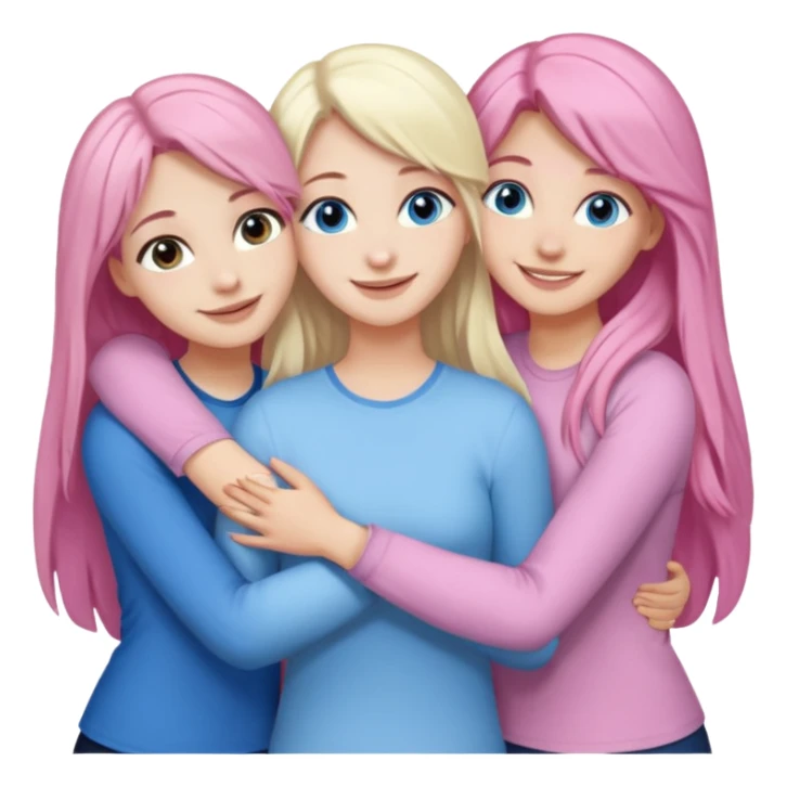 four white girlfriends hugging and smiling    2 girls with brown eyes and long dark brown hair. One with long light pink hair and blue eyes, one girl with blue eyes and light blonde hair sticker