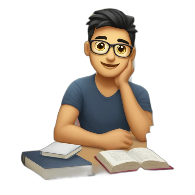 joven estudiante con  con un libro en sus manos y en su cabeza, junto a muchos libros y una lampara y un libro en su cabeza, con muchos libros sticker