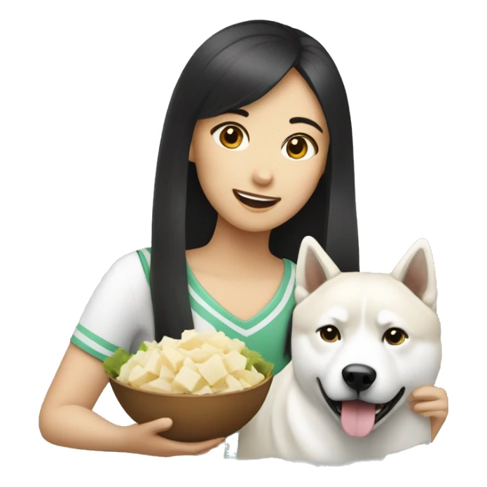 Asian girl with white Akita eating  sticker