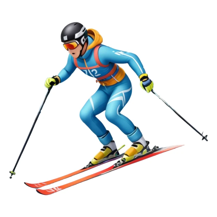 An icon featuring a skier racing down a snow-covered slope, surrounded by snowy peaks and pine trees. The design includes ski poles, bright winter gear, and dynamic motion lines, capturing the thrill and speed of alpine skiing. Transparent background sticker