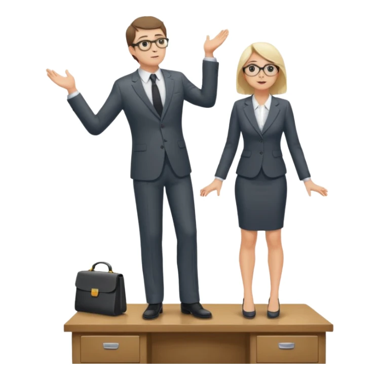 A very tiny man standing on top of a giant woman's desk looking up at her sticker