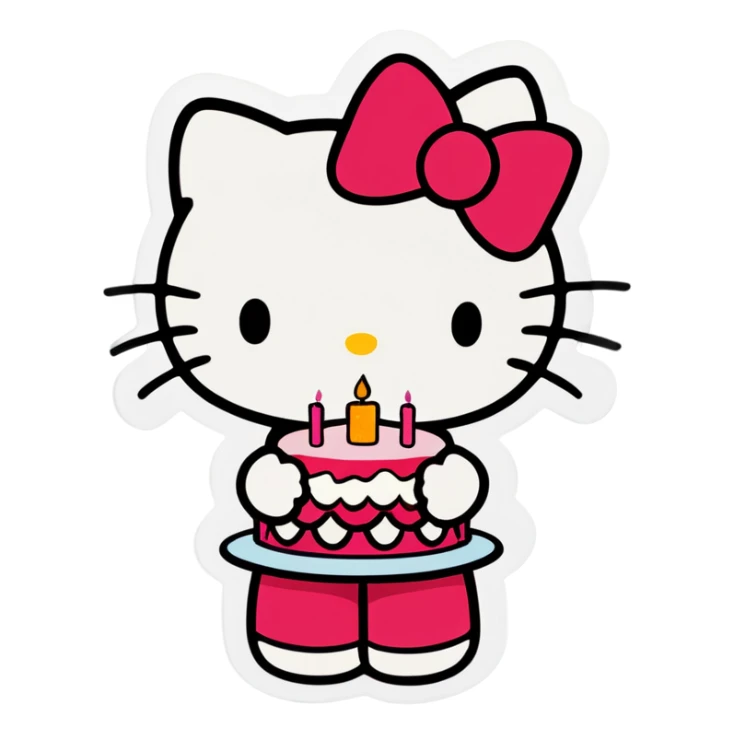 hello kitty holding a cake that says happy birthday sticker