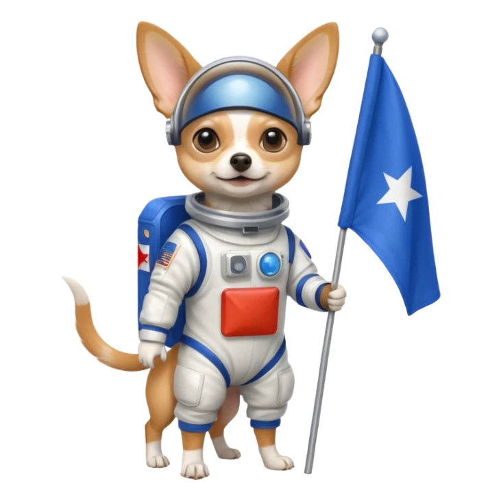 a chihuahua in space suit, holding blue rectangle flag, full body, front view sticker