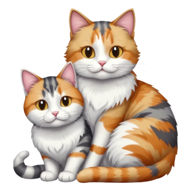 full body colourful light patched calico + white tabby cat cuddling a big grey and white tabby cat  sticker