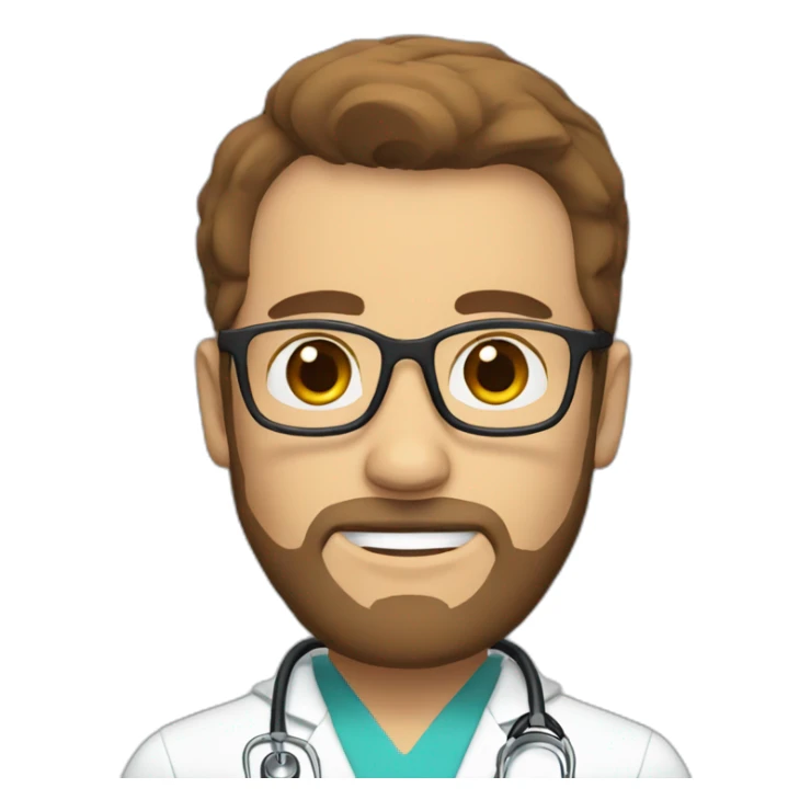 white doctor with short brown hair, big forehead, glasses and beard sticker