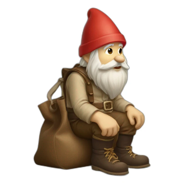 side view of gnome with light tan pants sitting above a small dark brown bag sticker