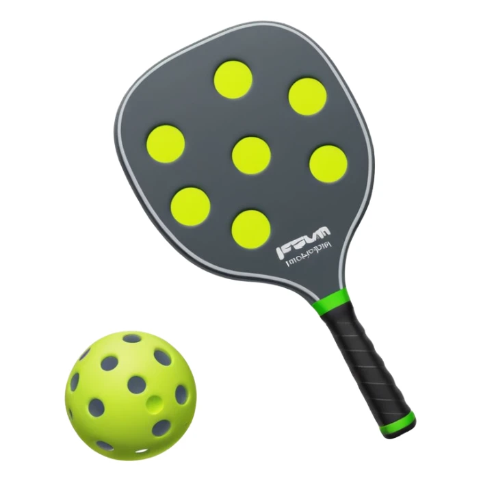 Pickleball paddle in dark grey, with pickleball ball in florescent green at 45 degrees sticker