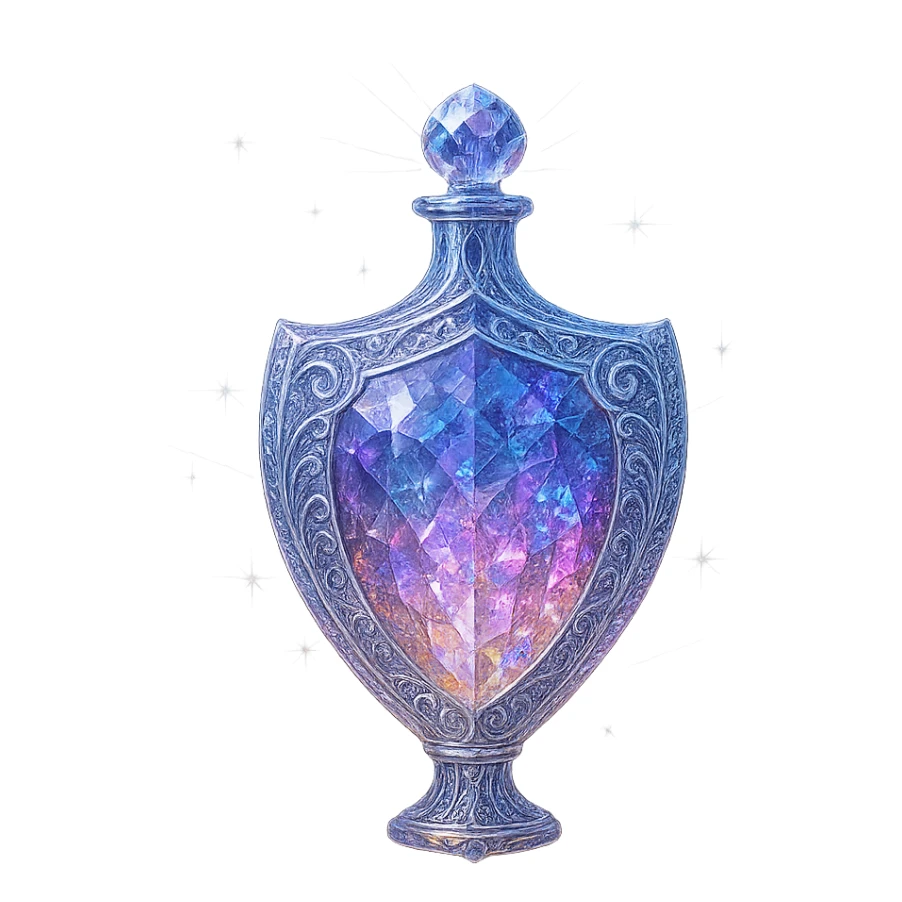 ultra luxurious crystal elixir bottle in shield shape, elegant gradient color palette, multi-layered holographic and silver filigree, intricate crystal texture, magical glowing and sparkling effects, radiant light beams, very small neck, seamless ornate bottom, transparent background, bottle clearly floating in air, no base or shadow, modern, collection style, extremely beautiful and refined sticker