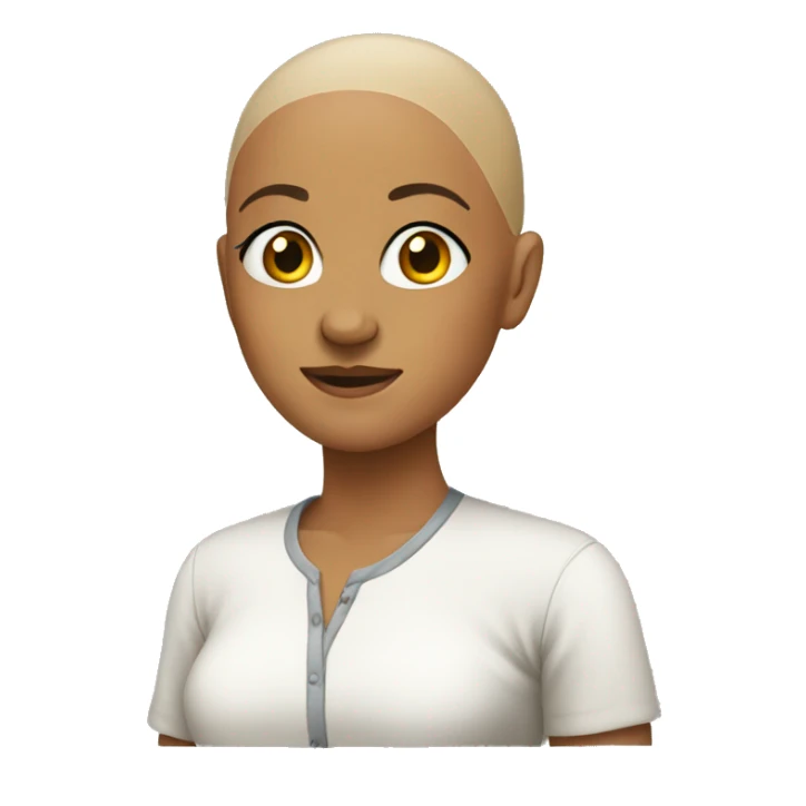 a bald women with a shirt sticker