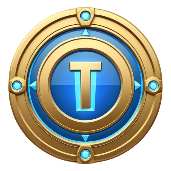 Futuristic anniversary medal badge, circular emblem with embossed Roman numeral I, metallic gold finish with electric blue glow accents, subtle outer energy ring, sci-fi web3 game UI style, polished 3D game asset, dark background, centered composition, high detail sticker