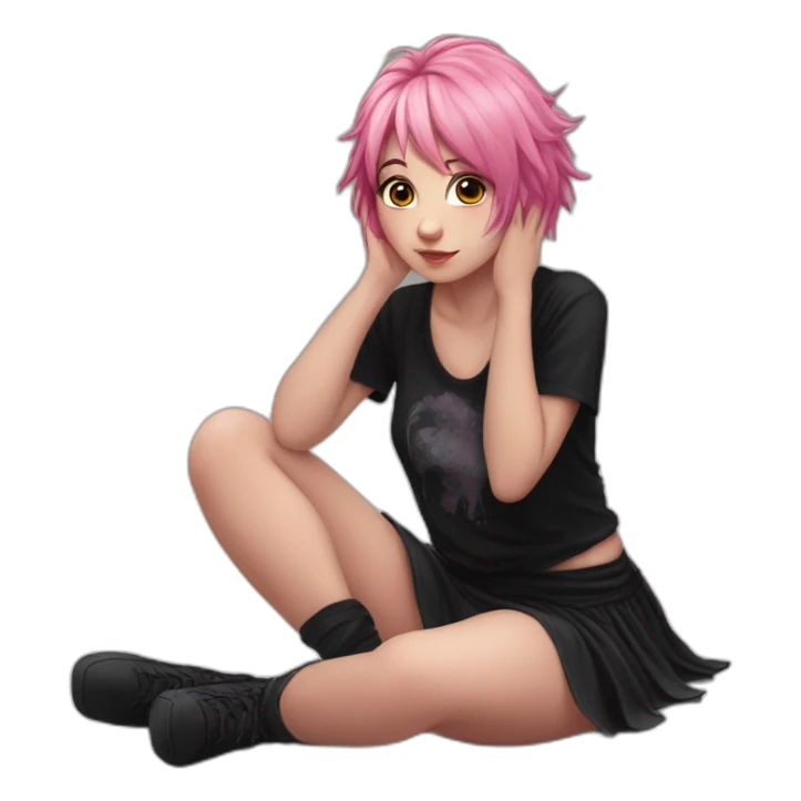 Front view curvy emo girl pink hair sits on the floor straight view hands up black skirt полосатые рваные чулки sticker