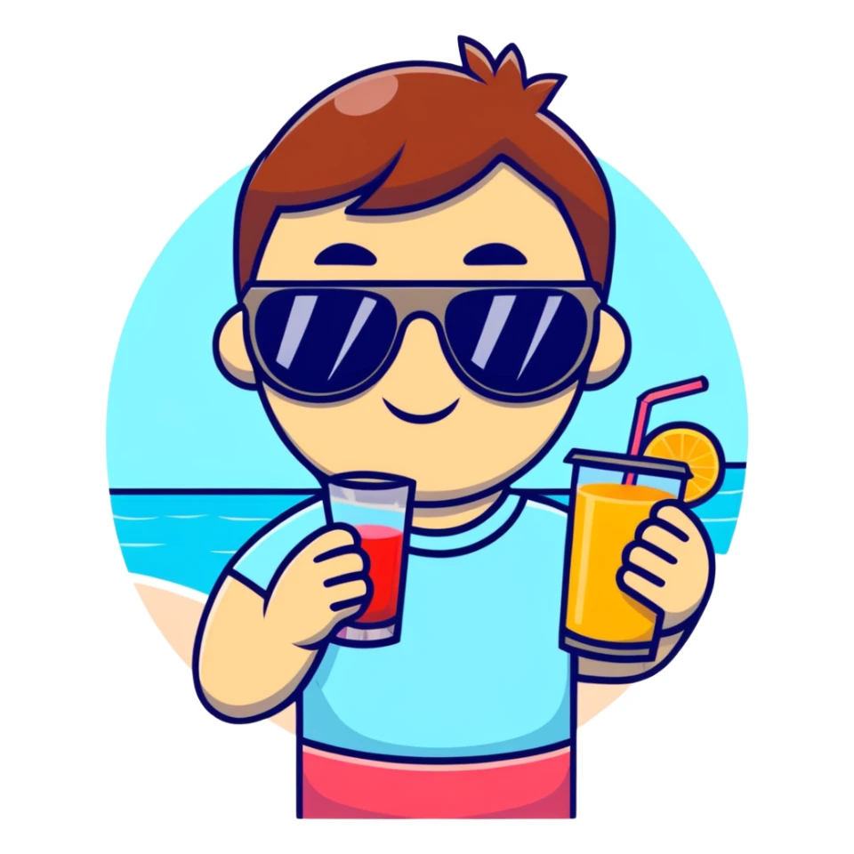 hand with sunglasses, holding fruit juice, on a sunny beach sticker
