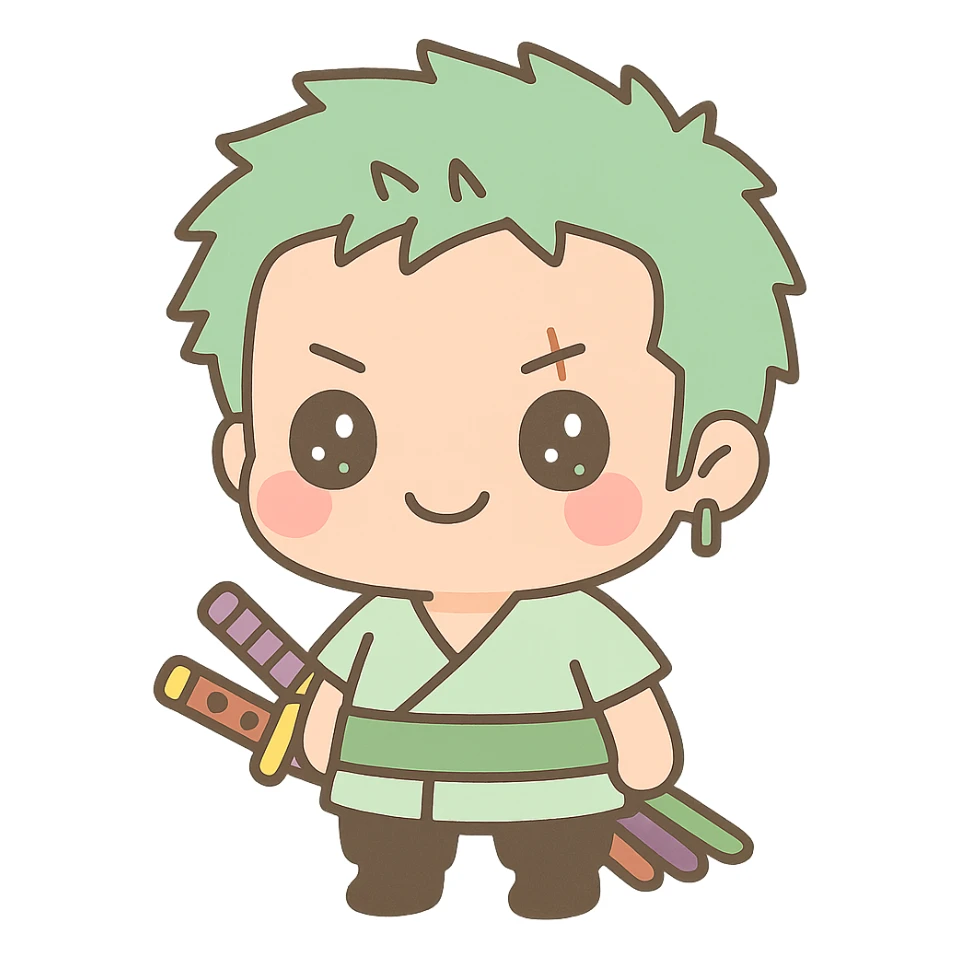 Zoro from One Piece, chibi style, green hair, three swords, cute and small sticker
