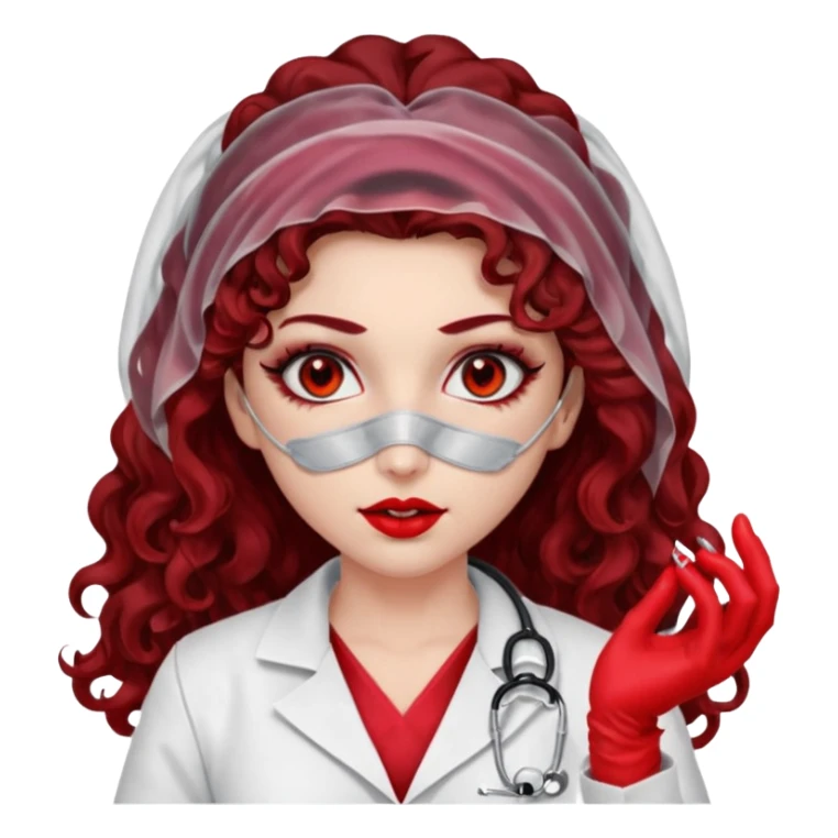 Lilith scalpel in hand, evil surgeon outfit.  She has red eyes. She has dark brown curly hair. Hair is long . Wears sexy doctor outfit with red gloves. Covers nose, neck and mouth with Muslims  sticker