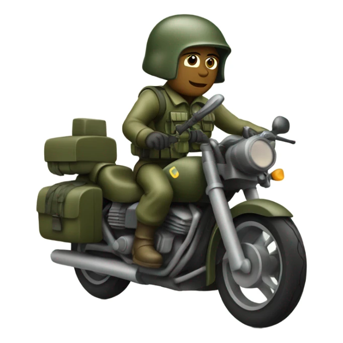 A motorcycle-bathtub in olive drab green with a soldier driving it sticker