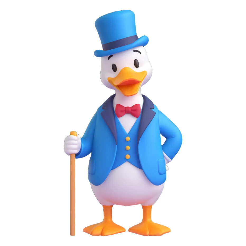 Dagobert Duck emoji, standing with cane, wearing blue coat and top hat, looking proud sticker