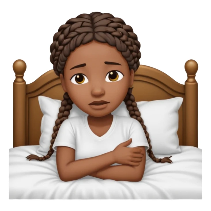 Black woman with braids in a big king size bed on one side by herself crying sticker