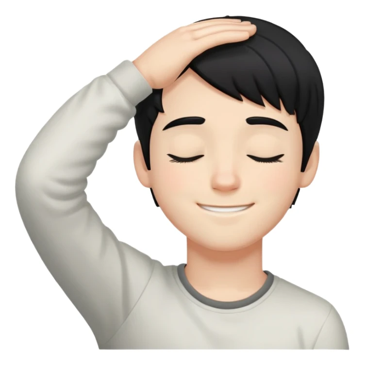 white boy smiling with right hand behind head, black hair, closed eyes sticker
