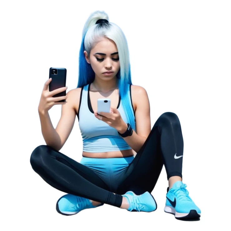Shameful disappointed crying-very very very very big chest-texting on a samsung cell phone-very long straight flowing black to sky blue hair ombre-blue eyes-black eyeliner-long eyelashes-plastic sparkling sky blue very low cut tank top with sparkling nike logo-black leggings-nike sneakers sticker