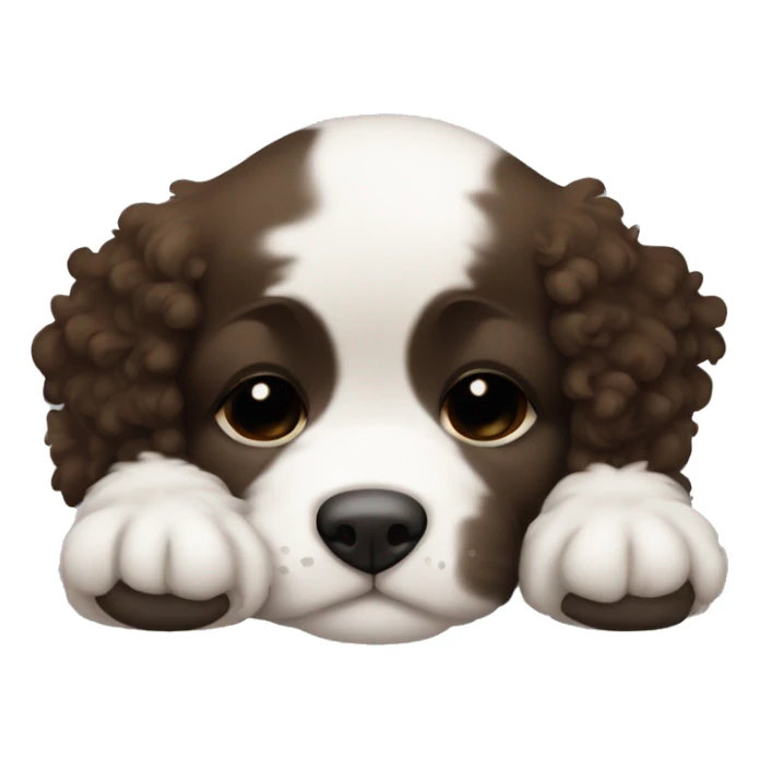 Sleeping black and brown curly fur puppy with white chest and chin sticker