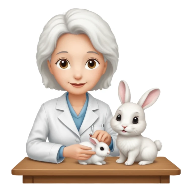 Older female vet – gentle smile, coat, checking rabbit on table. sticker