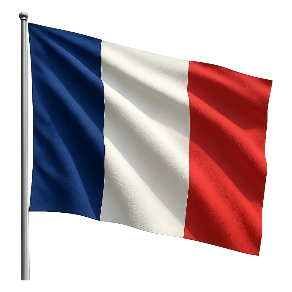 French flag waving in the wind, realistic fabric texture, vibrant blue, white, and red colors sticker