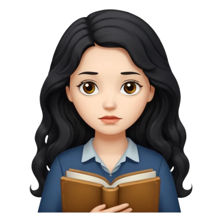 Long Hair Women with Book, Black wavy hair, sad

 sticker