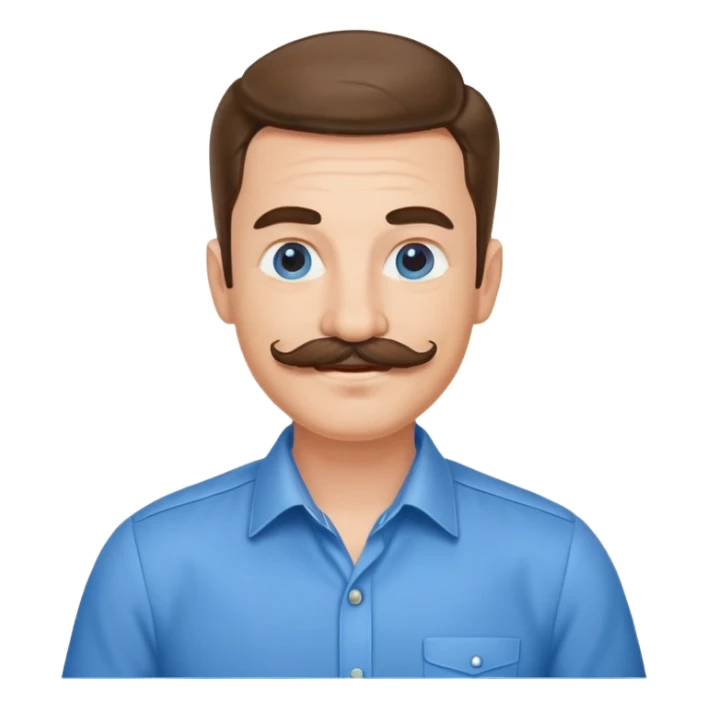 Business owner, well dressed, blue shirt, mustache, happy sticker
