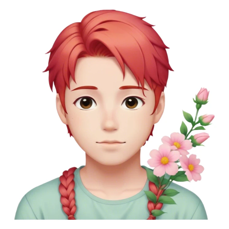 Gorgeous pastel red hair with a thin braid on the side anime style shojo guy with blushing face and flowers aesthetic trending style outside sticker