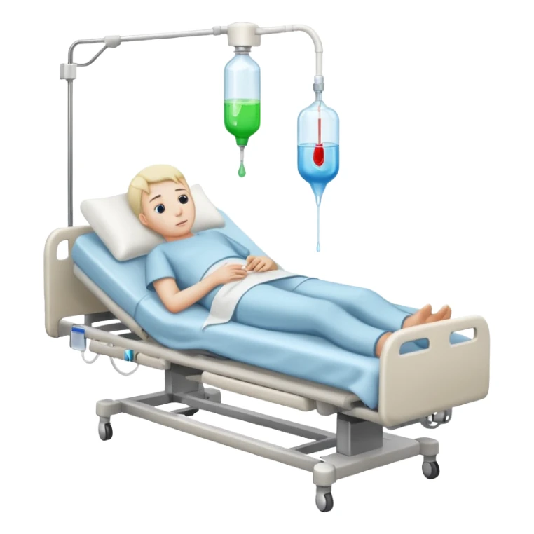 person lying in hospital bed with IV drip sticker
