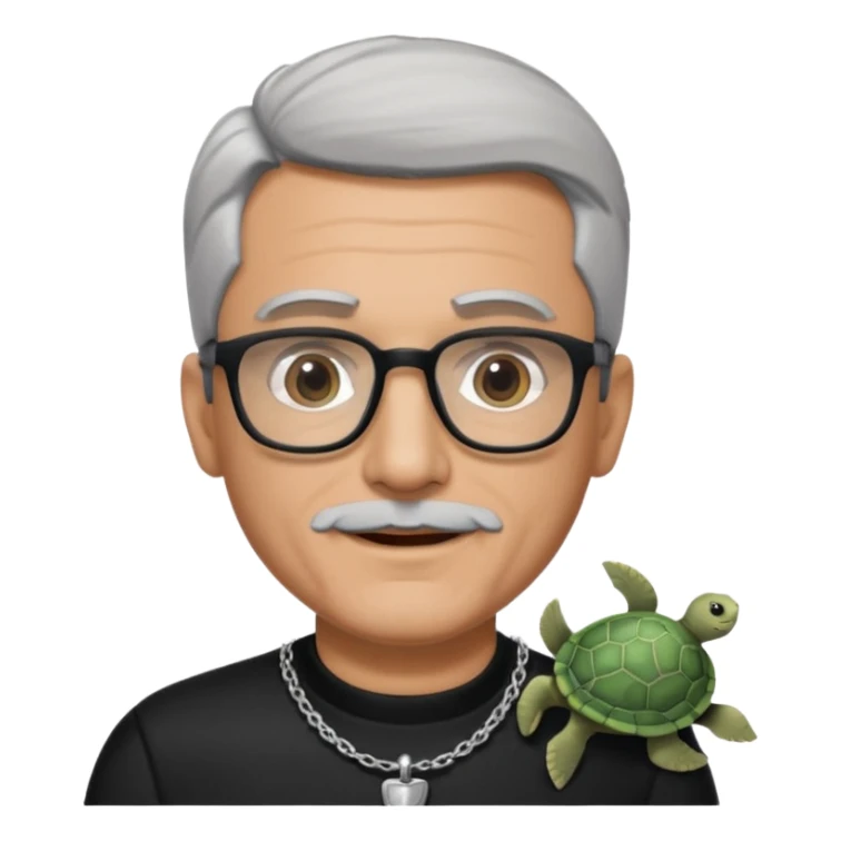 Tony Barceló is a large, strong, lively man in his 70s with short, neatly combed gray hair and a trimmed goatee. He has a broad round face, square glasses, and a confident presence. He wears a black outfit with a silver turtle necklace, reflecting his thoughtful, creative energy as a writer. sticker
