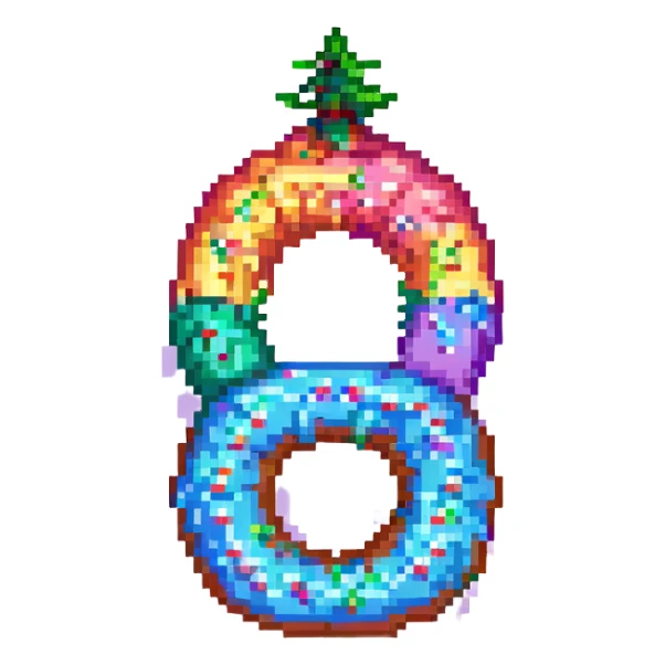 A Christmas tree in rainbow colors with an empty middle like a donut sticker