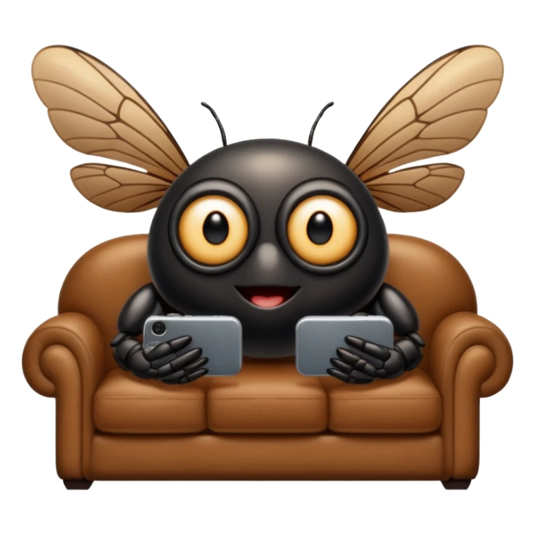 Black Cicada cartoon style with black shiny round eyes watching on a phone sit on a brown sofa  sticker