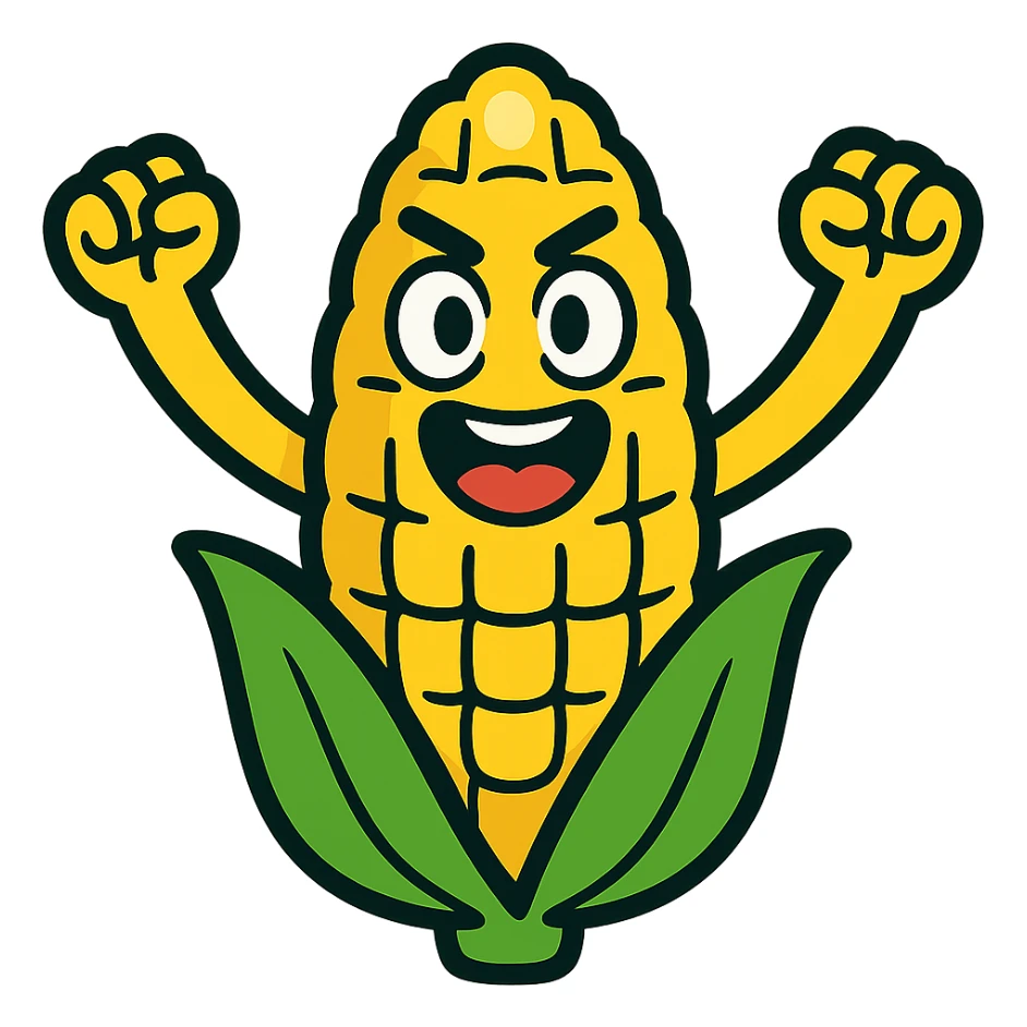 cute cartoon-style corn on the cob, expressive, symbolizing team spirit and energy sticker