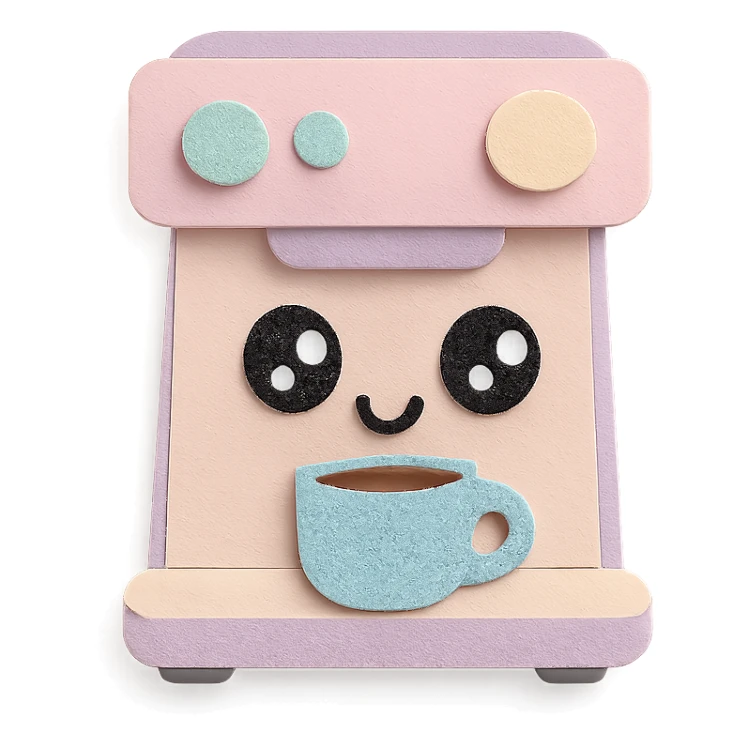 kawaii coffee machine, full body, big sparkling eyes, soft pastel colors sticker