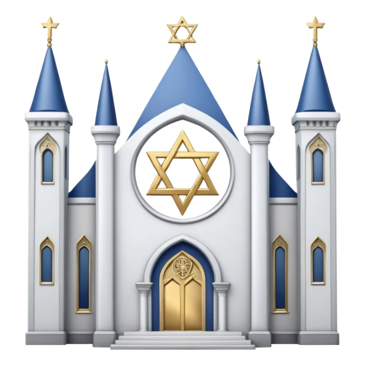 reform jewish synagogue similar in architecture to historical religious architecture in europe. the building should be white with silver/golden features, gothic architectural elements and star of david. no crosses. the emoji should be in ios emoji style. sticker