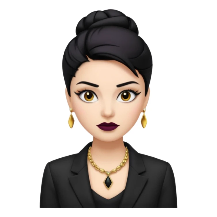 “Emoji girl, sculpted contour, bold dark lipstick, defined brows, sharp eyeliner, sleek black hair updo, statement necklace, black blazer.” sticker