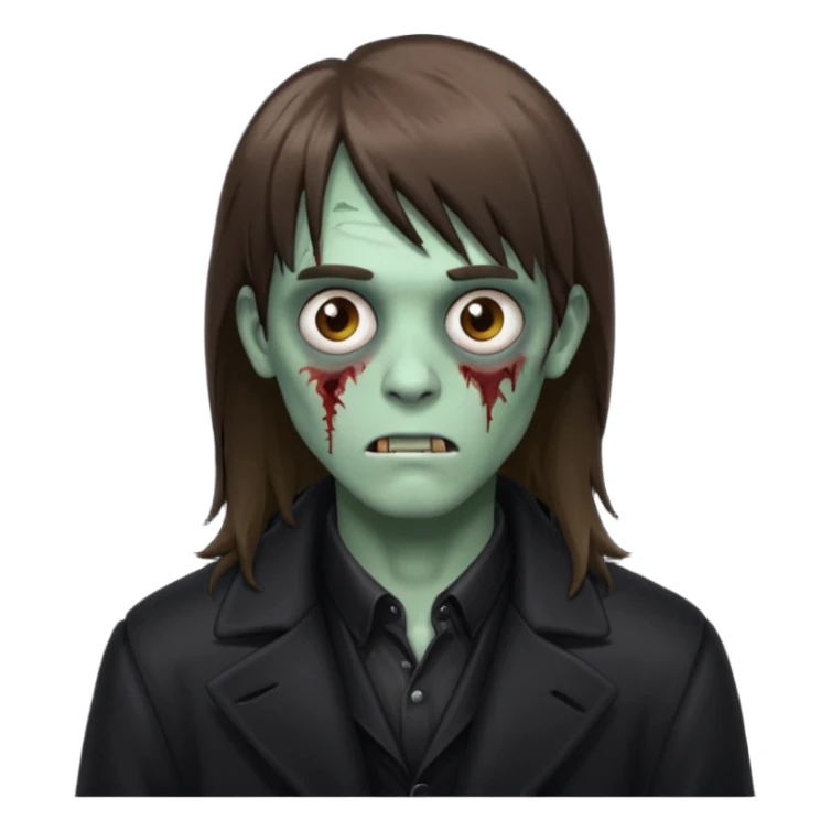 Zombie, emo guy with dark circles under his eyes and long brown hair with straight bangs, in a black long
 sticker
