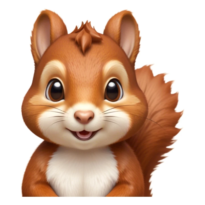 Cinematic Cute Squirrel Portrait Emoji, Head tilted playfully and inquisitively, featuring a fluffy, vibrant auburn Fur with a delicate cream belly and a bushy tail, round, sparkling eyes filled with curious mischief, Simplified yet irresistibly adorable features, highly detailed, glowing with a warm, friendly glow, high shine, affectionate and lively, stylized with a touch of woodland whimsy, bright and endearing, soft glowing outline, capturing the essence of a mischievous yet loving squirrel, so playful it feels like it could leap out of the screen and into your arms! sticker
