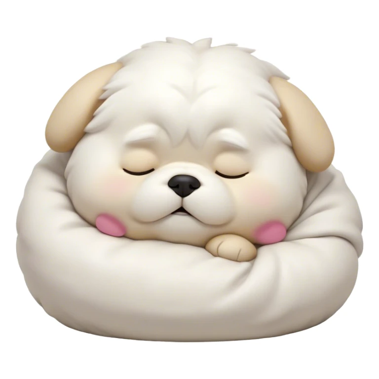 Cinematic Chubby Sleeping Maltese Portrait Emoji, Chubby and serene, with a round, adorable build and a soft, fluffy white coat, eyes gently closed in peaceful slumber, Simplified yet irresistibly endearing features, highly detailed, glowing with a gentle, dreamy glow, high shine, relaxed and content, stylized with a touch of whimsy, bright and heartwarming, soft glowing outline, capturing the essence of a blissfully sleepy companion, so comically serene it feels like it could roll out of the screen and snore with adorable charm! sticker