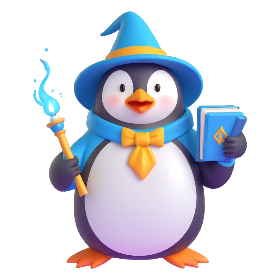 A penguin wizard with a magical aura and a spellbook, looking wise and mystical sticker