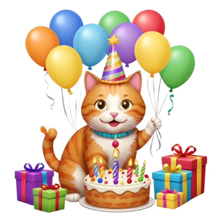 Ginger cat celebrates birthday, birthday hat, birthday cake, balloons, happy, gifts sticker