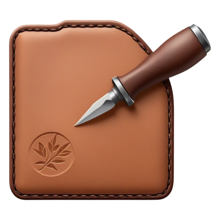 Leatherworking icon, piece of raw leather with started engraving, engraving tool or chisel, stamp or press, textured surface, minimalistic style, clean lines, transparent background. sticker
