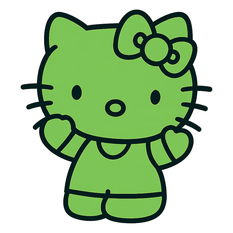 Hello Kitty character, green color, excited expression, simple and iconic style sticker